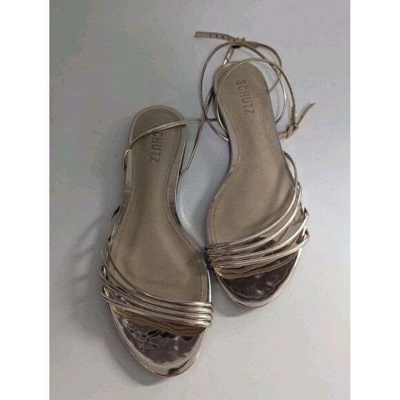 Schultz Inez Ankle Strap Sandal Size US 8.5 B Platina Gold Metallic Flat - Picture 10 of 10